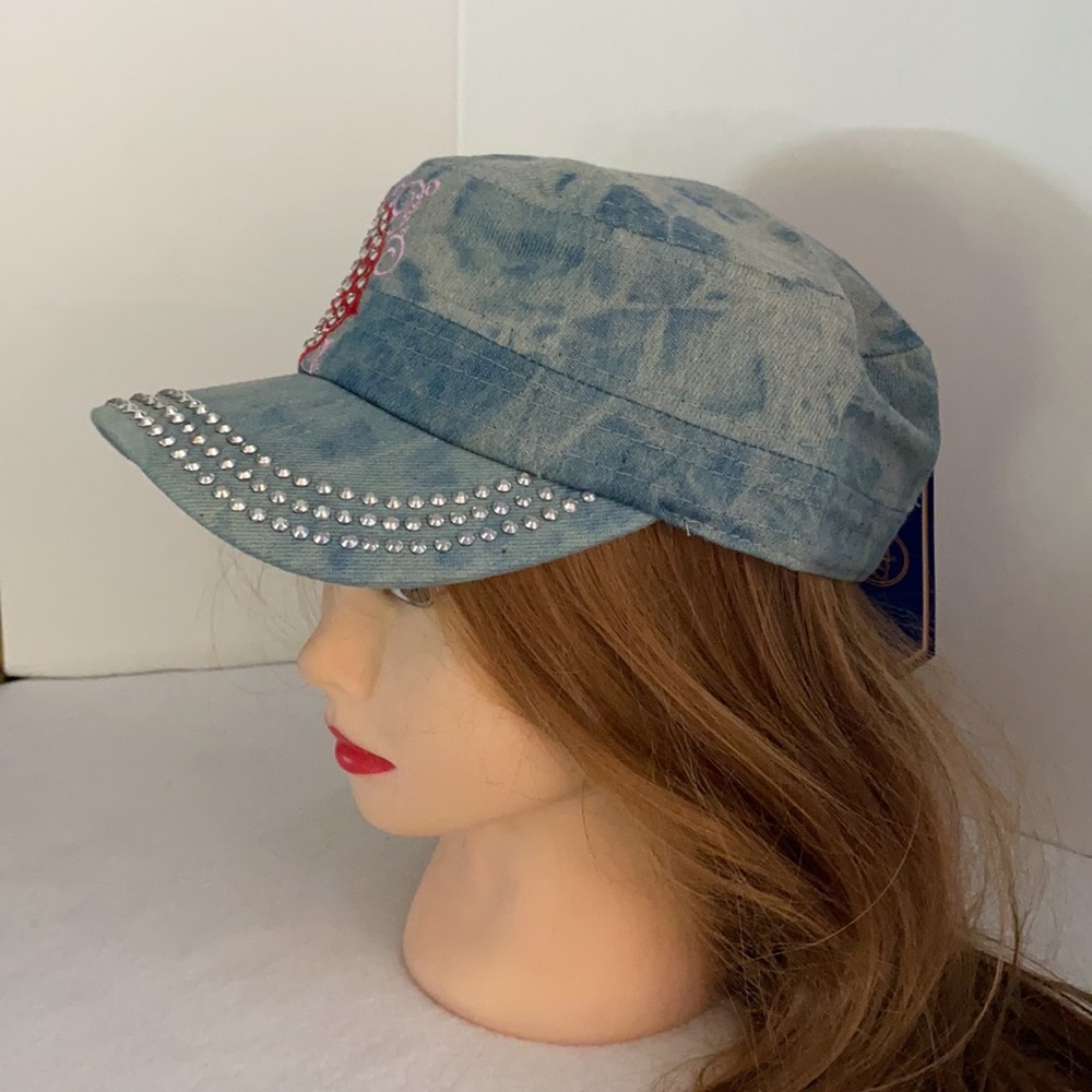 Rhinestone Bling Cadet Cap ROSE Motif Blue Denim - Picture 2 of 9